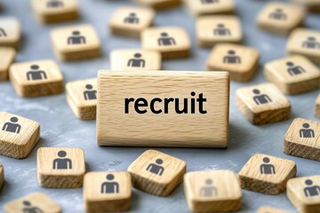 Fototapete - Wooden block with the word recruit surrounded by human icons, symbolizing hiring and talent acquisition processes.