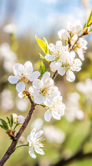 Aufkleber - Blossoming white cherry flowers spreading delicate petals, highlighting seasonal renewal against soft green landscape during springtime