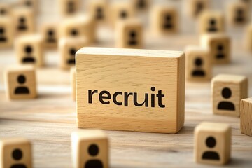 Fototapete - Wooden block with the word recruit surrounded by human icons, symbolizing hiring and talent acquisition processes.