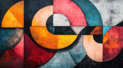 Fototapete - A dynamic abstract geometric art piece featuring vibrant overlapping shapes and lines in red, orange, yellow, and blue.