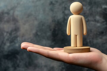 Fototapete - Wooden man figure on a wooden pedestal with human hand, business concept