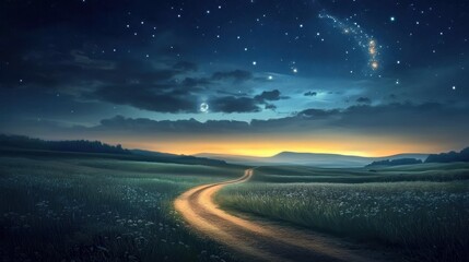 Wall Mural - Captivating rural scenery illuminated by moonlight, highlighting a winding path.
