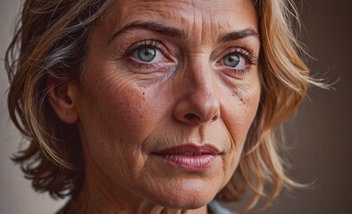 Aufkleber - Woman with a serious expression on her face. She has blue eyes and a greyish hair