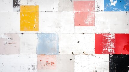 Poster - Weathered white wall displaying colorful rectangular patches, creating textural abstract background with vivid geometric color blocking and textured surface elements
