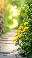 Poster - Bright yellow flowers blooming by the side of a stone path in a lush green garden, illuminated by warm sunlight