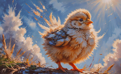 Poster - Small, fluffy chicken is standing on a branch in the sun. The painting has a warm, sunny feel to it, with the bird's fluffy feathers and the bright blue sky
