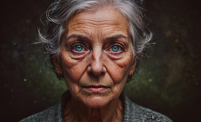 Aufkleber - Woman with blue eyes and grey hair. She is looking at the camera. The image has a mood of loneliness and sadness