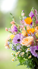 Aufkleber - Colorful flower bouquet featuring vibrant roses, anemones, and daisies, blending soft petals and rich hues into elegant floral arrangement