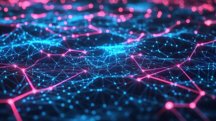 Aufkleber - A futuristic neon abstract background featuring a network grid with electric glowing blue and pink connections.