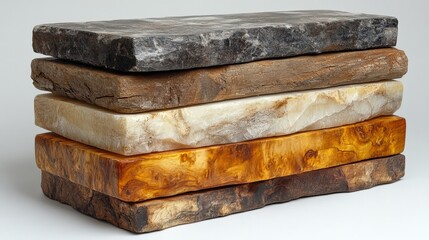 Poster - Stacked wooden blocks showcasing a variety of textures and colors against a neutral background