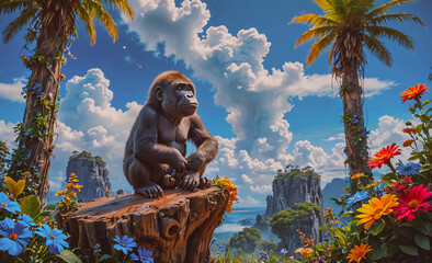 Poster - Gorilla is sitting on a log in a lush green forest. The sky is blue and there are clouds in the background. The scene is peaceful and serene
