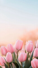 Poster - Pink tulips glowing under golden sunset light, painting landscape with soft pastel hues and romantic floral warmth