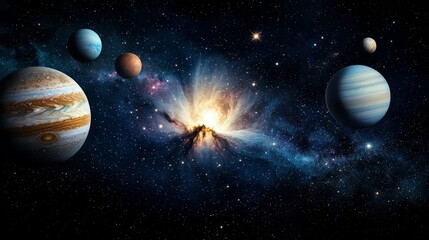 Aufkleber - Close up of the planets in the solar system. The planets are in different positions and sizes, with the largest one being Jupiter. Concept of wonder and awe at the vastness of the universe
