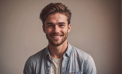 Aufkleber - Young man with a smile on his face is wearing a blue shirt and a white shirt. He is posing for a picture