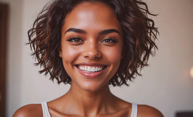 Poster - Woman with short hair and a white tank top is smiling. She has a bright, happy expression on her face