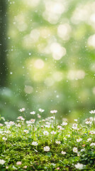 Aufkleber - Small white flowers growing on green moss in a forest with a blurred background and bokeh effect, during a spring rain