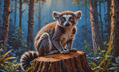 Poster - Cute baby lemur is sitting on a log in a forest. The scene is peaceful and serene, with the baby lemur looking up at the camera