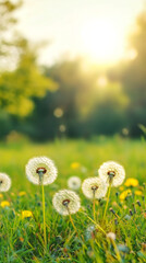 Aufkleber - Delicate dandelion seedheads swaying softly in sunlit meadow, golden evening rays casting peaceful glow across natural landscape