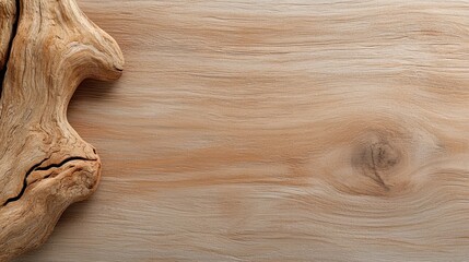 Aufkleber - Piece of wood with a crack in it sits on a wooden table. The crack in the wood gives the impression of a natural, organic texture. The table itself is made of wood, which adds to the overall rustic