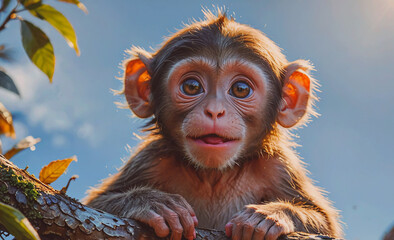 Poster - Baby monkey is sitting on a branch and looking at the camera. Concept of curiosity and innocence, as the baby monkey seems to be enjoying its time in the tree