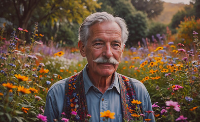 Aufkleber - Man with a mustache stands in a field of flowers. The flowers are in various colors, including yellow, purple, and pink. The man is wearing a blue shirt and a colorful vest. The scene is peaceful and