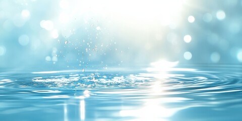 Poster - Sunlight shines down on a light blue water surface, creating gentle ripples and a splash with droplets, with a soft and uniform light giving off a warm glow