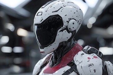 Poster - Futuristic robot suit with sleek design and advanced technology showcased in high-tech environment