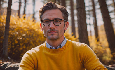 Poster - Man wearing glasses and a yellow sweater sits in a forest. Scene is calm and peaceful, as the man is surrounded by nature