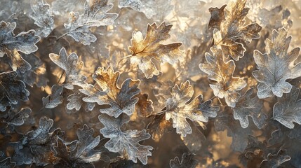 Wall Mural - frosty oak leaves backlit by sunrise, showcasing intricate textures and autumnal colors.