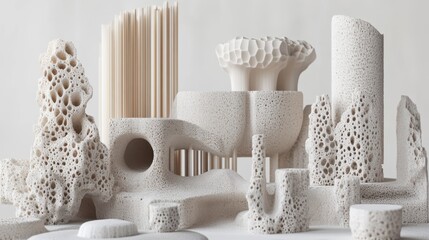 Aufkleber - An abstract geometric composition featuring 3D-rendered blocks set against a black background.