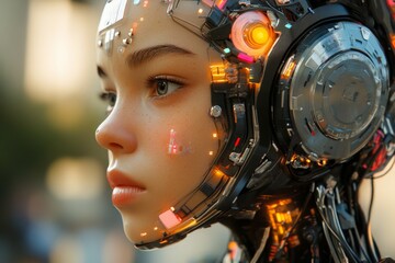 Poster - Futuristic humanoid robot with glowing features during sunset in a modern urban setting