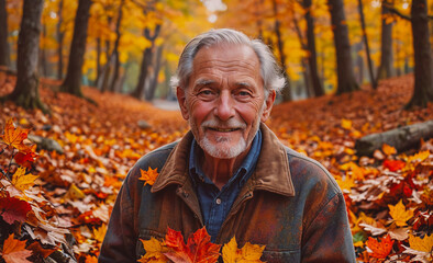 Aufkleber - Man is sitting in a field of autumn leaves. He is smiling and holding a leaf in his hand. Scene is peaceful and serene, as the man is enjoying the beauty of nature