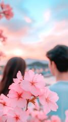 Poster - Pink cherry blossoms in the foreground with a blurred couple in the background, enjoying a romantic sunset
