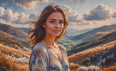 Aufkleber - Woman with long hair is standing in a field with mountains in the background. She is smiling and looking at the camera