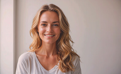 Aufkleber - Woman with blonde hair and a white shirt is smiling. She has a pleasant and happy expression on her face