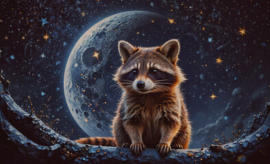 Poster - raccoon is sitting on a branch next to a full moon. the image has a dreamy, whimsical feel to it, wi