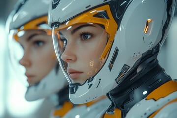 Poster - futuristic female pilots in advanced helmets prepare for a space mission in a high-tech control room