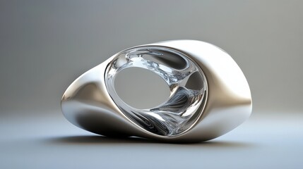 Fototapete - An abstract silver shape is rendered in 3D, featuring a sleek, metallic surface with smooth contours and reflective qualities.