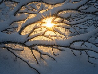 Wall Mural - sun shining through snow-covered branches.