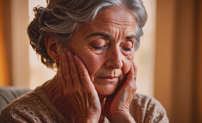 Aufkleber - Woman is sitting on a couch with her hands on her face. She looks sad and tired