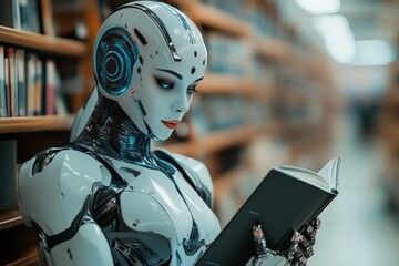 Poster - Robot reading in a modern library filled with books showcasing advanced technology and futuristic design