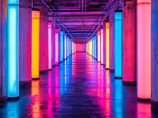 Wall Mural - vibrant neon lights illuminate a long corridor with reflective floor, creating a colorful, symmetric