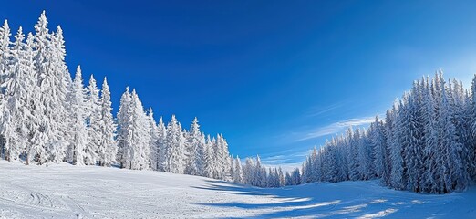 Aufkleber - Stunning winter landscape showcasing snow-covered trees under a vibrant blue sky, evoking the serene beauty of a ski resort area