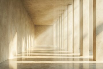 Poster - Light floods a contemporary interior space with columned design elements and warm tones in a minimalistic style