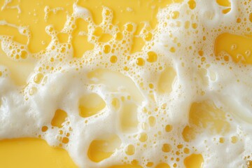 Poster - Close-up of beer foam forming bubbles on a vibrant yellow background, capturing the intricate details and texture