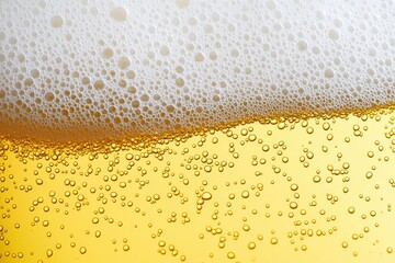 Poster - Refreshing beer foam and bubbles create a captivating texture against a vibrant yellow background, inviting viewers to indulge in the golden beverage