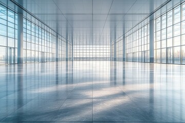 Poster - Modern spacious interior with large glass windows showcasing natural light and reflections at sunset