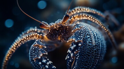 Wall Mural - close-up of a detailed, dark-blue crustacean with gold highlights, against a blurred background.