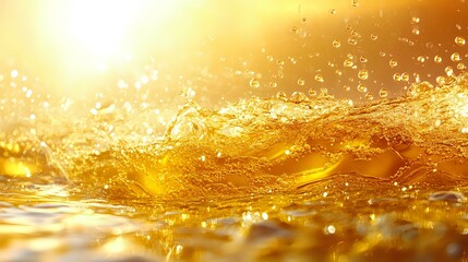 Poster - Golden liquid splash with sunlit droplets and waves creating dynamic motion effect against bright background, suitable for beverage advertising and luxury product promotion.
