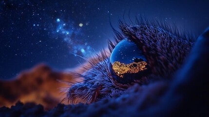 Wall Mural - close-up of a cat's eye reflecting a starry night sky and landscape.